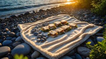 Sandwiches on Blanket Enjoying a Beach Picnic at Sunset Time photo