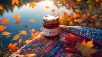 A jar of jam sits on a blanket near a lake photo