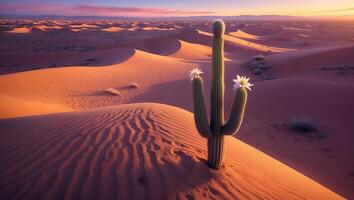 Flowering Cactus in Desert Sand Dunes at Sunset Landscape photo