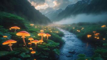 Glowing Mushrooms Along Misty River Landscape in Mountainous Valley photo