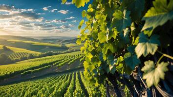 Vineyard Landscape at Sunset with Rolling Hills and Vine Leaves photo
