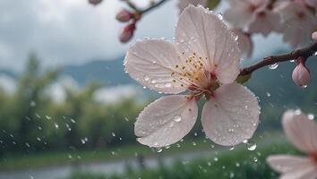 Blooming Flower in Rain with Water Droplets and Natural Greenery photo