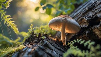 Mushroom Growing on Log with Sunlight Shining Through Forest Background photo