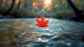 Red Leaf Suspended in Spiderweb Over Flowing River at Sunset photo