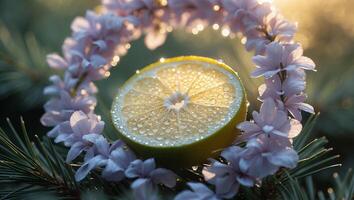 Lime Slice Surrounded by Flowers and Pine Needles with Sunlight photo