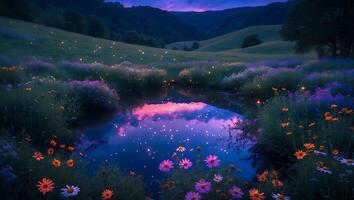 Pond Reflecting Pink Clouds at Dusk with Wildflowers and Fireflies photo