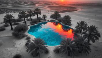 Oasis Pool Reflecting Sunset in Desert Landscape Surrounded by Palms photo