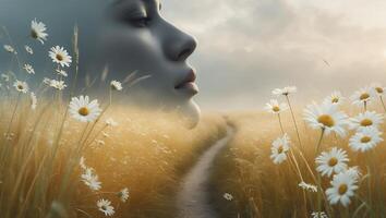 Woman Profile Over Daisies and Path in Field Dreamlike Image photo