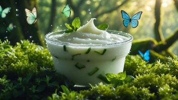 Refreshing Dessert with Mint Garnish in a Natural Forest Setting photo