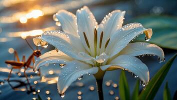 White Lily Flower with Water Droplets and Insect at Sunset photo