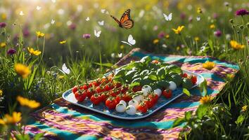 Fresh Caprese Salad Picnic in Summer Meadow with Butterflies photo