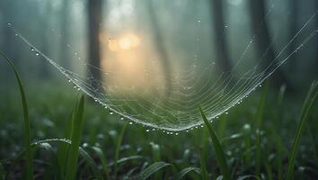 Spiderweb Dew Drops Glistening in Morning Light Through the Forest photo