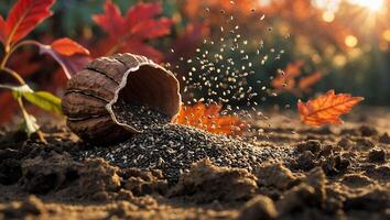 Pouring Seeds From Wooden Bowl Onto Ground in Warm Light photo