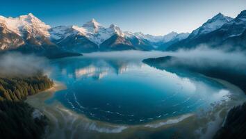 Lake Reflection with Snowy Mountains and Foggy Scenery Landscape photo