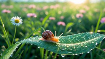 Snail Crawling on Wet Leaf in Meadow with Soft Sunlight photo