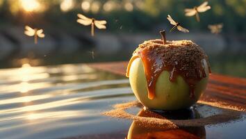 Caramel Apple with Flying Insects in a Warm Outdoor Setting photo