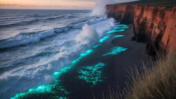 Ocean Waves Crashing on Beach at Dusk with Bioluminescence Glow photo