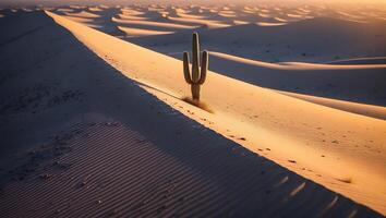 Cactus Standing Tall on Sand Dune at Sunset in Desert Landscape photo