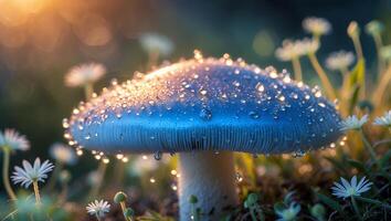 Mushroom with Water Droplets Glistening in the Morning Light in Meadow photo