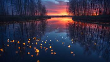 River Reflecting Sunset and Trees with Bokeh Lights in Foreground photo