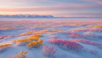 Colorful Winter Meadow with Snowy Mountains and Soft Pastel Sky photo