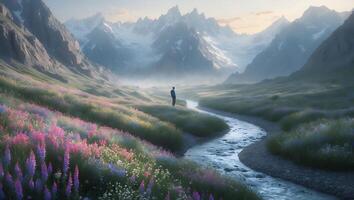 Person Gazing at Mountain Range Over a Flowing Stream and Wildflowers photo