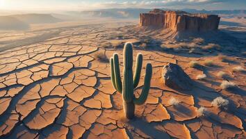 Cactus Standing in Cracked Desert Landscape with Distant Mesa View photo