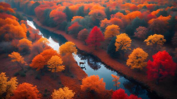 Deer Standing by River in Autumn Forest with Colorful Trees photo
