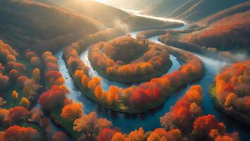 Aerial View of Meandering River Through Autumn Forest Landscape photo
