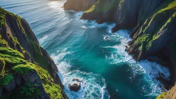 Ocean Coastline with Cliffs and Turquoise Water From Above View photo