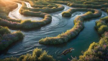 Otter Swimming Through Winding River Surrounded by Lush Green Vegetation photo