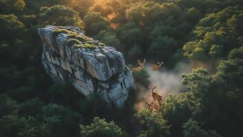 Deer Herd Emerging in Forest with Large Rocks During Foggy Morning photo