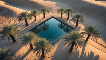 Oasis Swimming Pool Surrounded by Palm Trees in a Desert Landscape photo