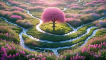 Pink Tree Stands in Meadow with Winding Streams and Flowers photo