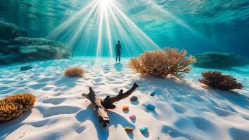 Exploring Underwater Sunlight on Sandy Seafloor with Coral and Silhouette photo