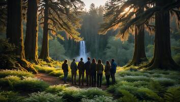 Group Viewing Waterfall in Lush Green Forest with Sunlight photo
