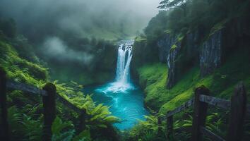 Waterfall Flowing Into Azure Pool Surrounded by Lush Greenery photo