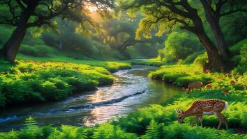 Deer Grazing by Gentle River in Lush Green Forest Scenery photo