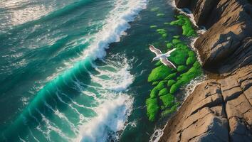 Seagull Soaring Above Ocean Waves Crashing Along Rocky Coastline photo