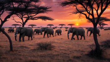 Elephants Walking Across African Savanna at Sunset with Acacia Trees photo