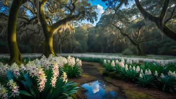 Walking Path with White Flowers Under Trees Draped in Moss photo