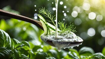 Pouring Creamy Dressing with Cucumber Slices Onto a Wooden Spoon photo