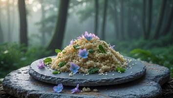 Quinoa Pile Topped with Flowers on a Stone Plate in Forest photo