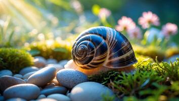 Snail on Moss Among River Stones in a Sunlit Garden photo