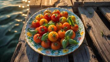 Serving of Cherry Tomatoes on Plate by Water at Golden Hour photo