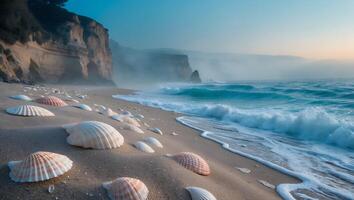Seashells Scattered on Beach with Ocean Waves and Misty Cliffs photo