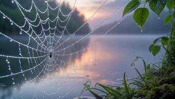 Spiderweb Dew Drops Near Lake at Sunrise in a Natural Setting photo