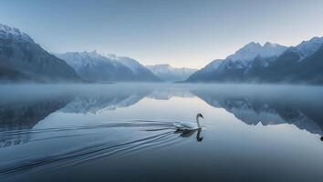 Swan Swimming on Calm Mountain Lake Reflecting Snowy Peaks Landscape photo