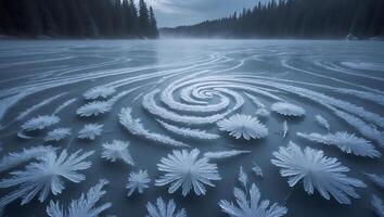 Frozen Lake Surface with Ice Crystal Formations and Winding Patterns photo