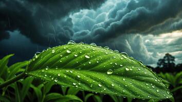 Leaf Covered in Water Droplets with Stormy Sky Backdrop photo